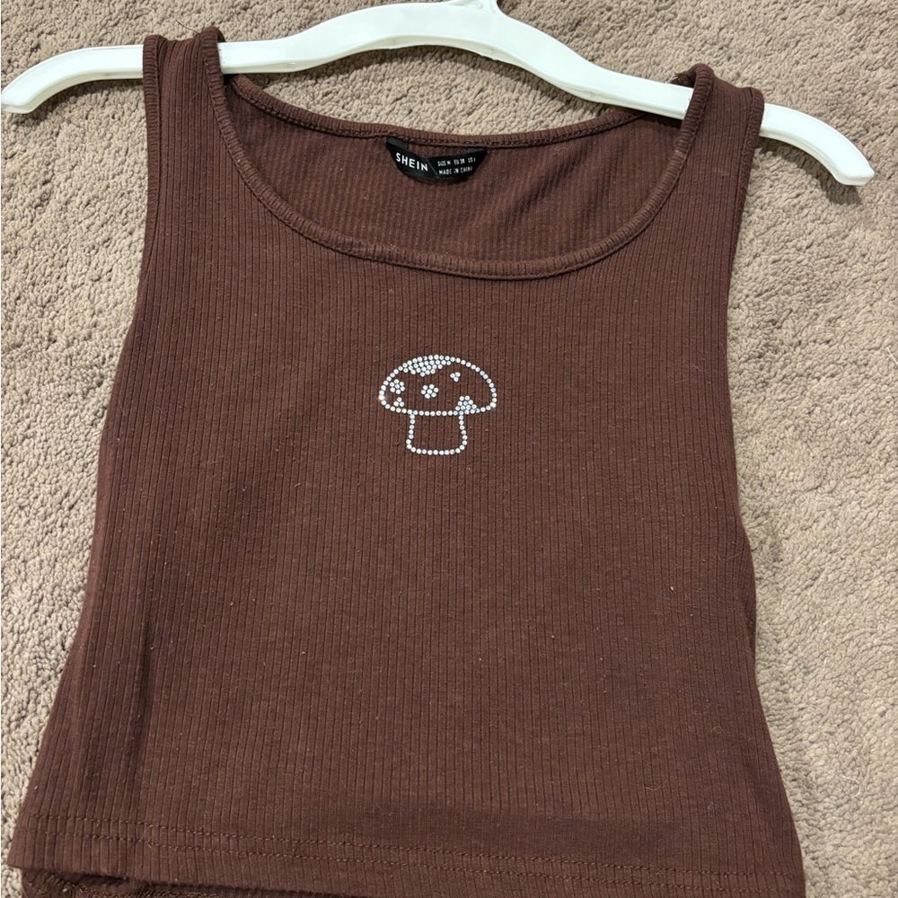 SHEIN Chocolate Brown Crop Top with Mushroom Motif
